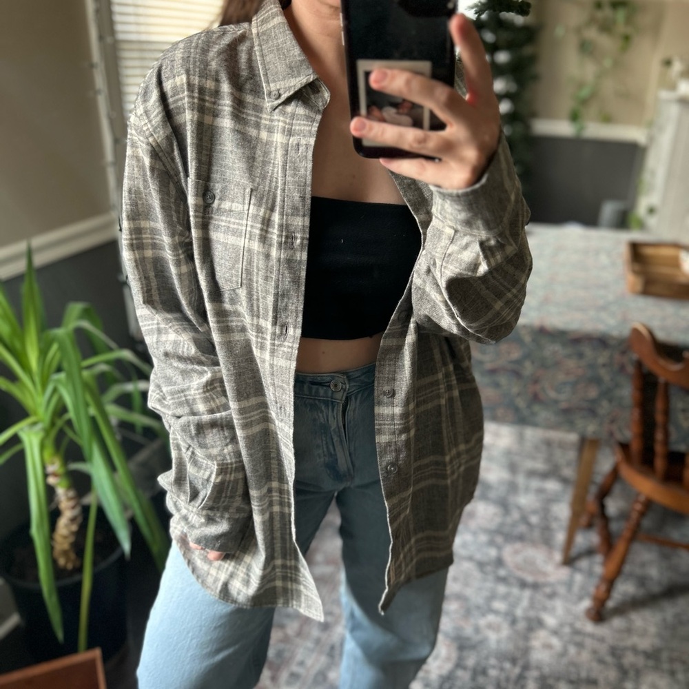 Weatherproof Gray Plaid Casual Button Down Shirt